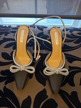 Tony Bianco Black Satin Pointed Slingback Heels with Crystal Bow Accent